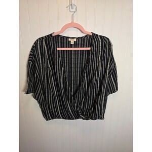 ANA A New Approach Womens Large Black White Striped Surplice Wrap Cropped Top